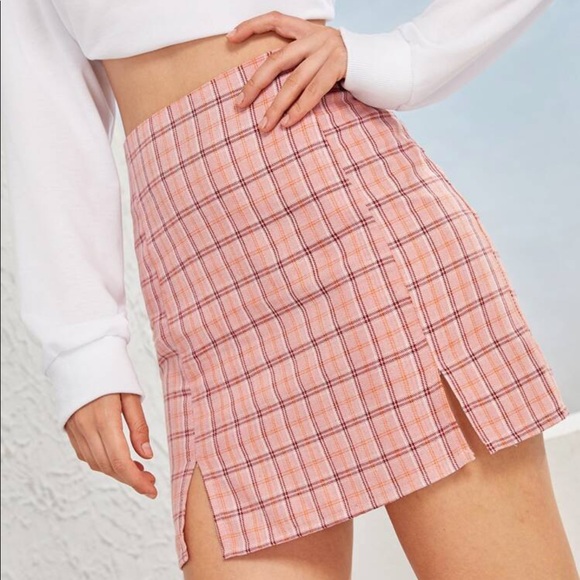 PLAID SIDE SLIT SKIRT- pink - Picture 3 of 4